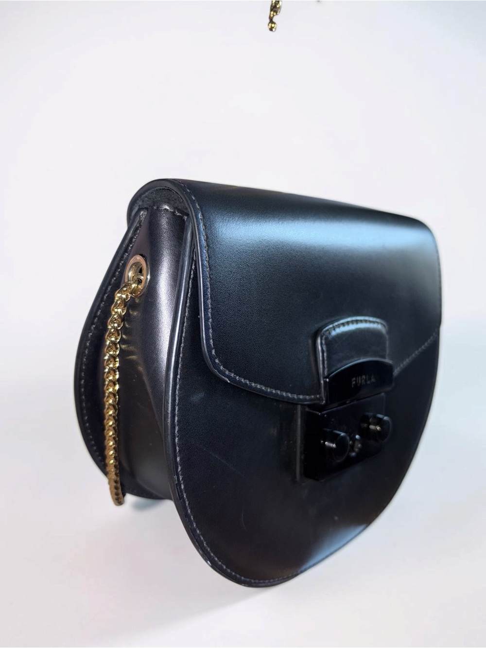 Furla Black Leather Half-Moon Crossbody with Gold Chain - Picture 4 of 10